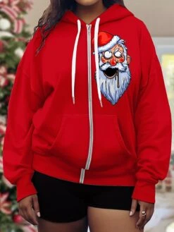Women's Plus Size Ugly Christmas Hooded Jacket Christmas Santa Print Party Xmas Drawstring Sport Coat Fashion Loose Fit Outerwear Long Sleeve Fall