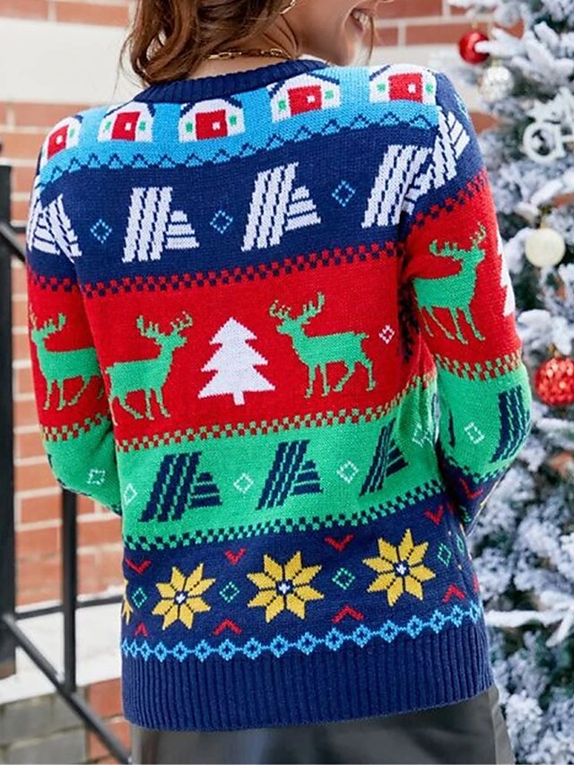 Women's Ugly Christmas Sweater Pullover Sweater Jumper Crew Neck Ribbed Knit Acrylic Patchwork Fall Winter Regular Xmas Daily Going Out Stylish Casual Soft Long Sleeve Color Block Elk Blue S M L 9 Women's Ugly Christmas Sweater Pullover Sweater Jumper Crew Neck Ribbed Knit Acrylic Patchwork Fall Winter Regular Xmas Daily Going Out Stylish Casual Soft Long Sleeve Color Block Elk Blue S M L - Image 7
