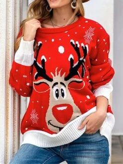 Women's Ugly Christmas Sweater Pullover Sweater Jumper Crew Neck Ribbed Knit Acrylic Oversized Fall Winter Regular Outdoor Xmas Daily Stylish Casual Soft Long Sleeve Geometric Elk Snowflake Wine -Xmas Cothing Store aaowxx1696903329655