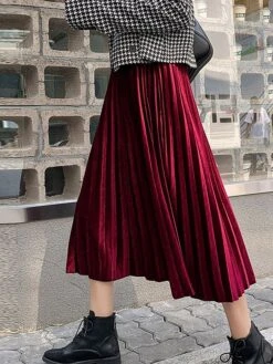 Women's Skirt A Line Swing Midi Gold Velvet Wine Red Black Pink Navy Blue Skirts Fall & Winter Pleated High Waist Fashion Elegant Christmas Xmas Street M L XL