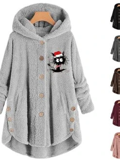 Women‘s Plus Size Christmas Fleece Jacket Teddy Coat Warm Button Pocket Cat Hat Outdoor Xmas Long Sleeve Hooded Regular Winter Fall Black Pink Wine L XL XXL 3XL 4XL