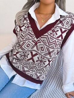 Women's Xmas Sweater Vest V Neck Ribbed Knit Acrylic Button Fall Winter Regular Outdoor Christmas Daily Stylish Casual Soft Sleeveless Snowflake Wine Blue Khaki S M L -Xmas Cothing Store acxtjo1695111138623