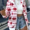 Women's Fleece Jacket Sherpa Jacket Teddy Coat Windproof Warm Christmas Street Daily Wear Vacation Zipper Pocket Print Zipper Hoodie Fashion Plush Modern Casual Snowflake Regular Fit Outerwear Long