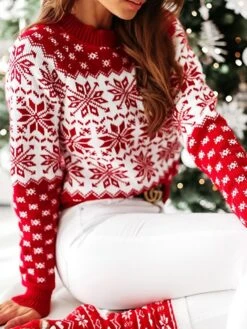 Women's Ugly Christmas Sweater Pullover Sweater Jumper Crew Neck Ribbed Knit Acrylic Knitted Fall Winter Outdoor Xmas Daily Stylish Casual Soft Long Sleeve Snowflake Red Blue Green S M L -Xmas Cothing Store admnxp1667210824545