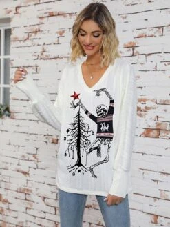 Women's Pullover Sweater Jumper V Neck Ribbed Knit Print Fall Winter Regular Christmas Xmas Stylish Soft Long Sleeve Plaid Skeleton White / Black White S M L