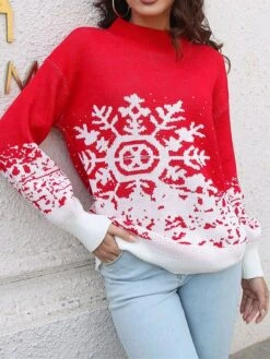 Women's Ugly Christmas Sweater Pullover Sweater Jumper Crew Neck Ribbed Knit Acrylic Oversized Fall Winter Short Xmas Daily Going Out Stylish Casual Soft Long Sleeve Snowflake Black Red S M L -Xmas Cothing Store aejcka1695209505309