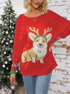 Women's Ugly Christmas Sweater Cardigan Sweater Jacket Crew Neck Ribbed Knit Polyester Button Knitted Print Fall Winter Short Outdoor Xmas Holiday Daily Stylish Casual Long Sleeve Animal Wine