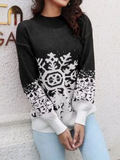 Women's Ugly Christmas Sweater Pullover Sweater Jumper Crew Neck Ribbed Knit Acrylic Oversized Fall Winter Short Xmas Daily Going Out Stylish Casual Soft Long Sleeve Snowflake Black Red S M L -Xmas Cothing Store ahlnkn1695209511239