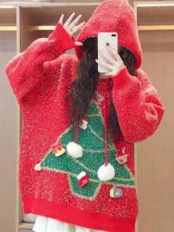 Women's Ugly Christmas Sweater Pullover Sweater Jumper Christmas Sweaters Hooded Ribbed Knit Polyester Knitted Print Fall Winter Regular Outdoor Christmas Daily Stylish Casual Soft Long Sleeve