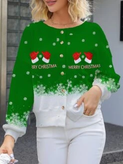 Women's Ugly Christmas Sweater Cardigan Sweater Jacket Crew Neck Ribbed Knit Polyester Button Knitted Print Fall Winter Short Outdoor Xmas Holiday Daily Stylish Casual Long Sleeve Letter