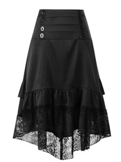 Women's Skirt Asymmetrical Polyester Lace Over Charmeuse Black Red Navy Blue Skirts Winter Ruffle Drawstring Side Button High Waist Steampunk® Retro Gothic Carnival Costumes Ladies Christmas -Xmas Cothing Store aiybrc1635224744380