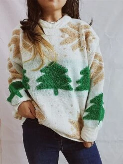 Women's Christmas Sweaters Pullover Sweater Jumper Crew Neck Chunky Knit Polyester Embroidery Spring Fall Winter Regular Christmas Daily New Year Vintage Fashion Daily Long Sleeve Christmas Tree -Xmas Cothing Store aiyksc1697627084138