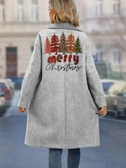 Women's Christmas Coat Xmas Tree Print Double Breasted Lapel Pea Coat Fall Party Wear Warm Windproof Trench Coat