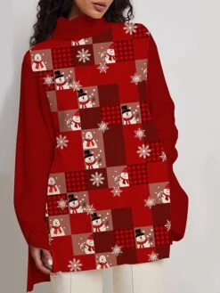 Women's Pullover Sweater Jumper Turtleneck Crochet Knit Print Fall Winter Regular Christmas Weekend Stylish Vintage Style Long Sleeve Snowman Snowflake Light Green Wine S M L -Xmas Cothing Store ajhoia1697176849449