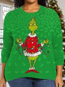 Women's Ugly Christmas Sweater Pullover Sweater Jumper Crew Neck Ribbed Knit Polyester Print Fall Winter Regular Xmas Daily Going Out Stylish Plus Size Casual Long Sleeve Print Black Green XL -Xmas Cothing Store ajunnt1696993409403