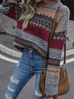 Women's Ugly Christmas Sweater Pullover Sweater Jumper Crew Neck Ribbed Knit Woolen Patchwork Fall Winter Regular Outdoor Christmas Daily Stylish Ethnic Style Casual Long Sleeve Geometric Striped Red -Xmas Cothing Store ajycbu1696992143585