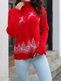 Women's Ugly Christmas Sweater Pullover Sweater Jumper Turtleneck Ribbed Knit Acrylic Patchwork Fall Winter Regular Outdoor Christmas Daily Stylish Casual Soft Long Sleeve Elk Christmas Tree White Red -Xmas Cothing Store akjrma1697103902256