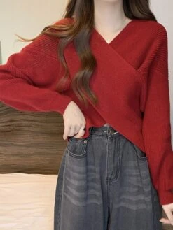 Women's CroppedSweater Pullover Sweater Jumper V Neck Ribbed Knit Polyester Knitted Fall Winter Short Outdoor Christmas Daily Stylish Casual Soft Long Sleeve Solid Color Black Pink Red S M L -Xmas Cothing Store albrsn1697290900658