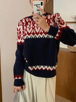 Women's Pullover Sweater Jumper Crew Neck Ribbed Knit Polyester Knitted Print Fall Winter Regular Outdoor Christmas Daily Stylish Casual Soft Long Sleeve Heart Red Blue Green One-Size -Xmas Cothing Store altmyg1697290906729