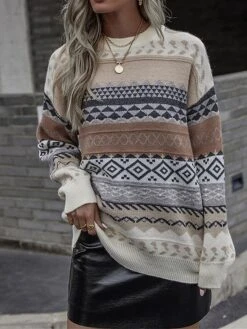 Women's Ugly Christmas Sweater Pullover Sweater Jumper Crew Neck Ribbed Knit Woolen Patchwork Fall Winter Regular Outdoor Christmas Daily Stylish Ethnic Style Casual Long Sleeve Geometric Striped Red