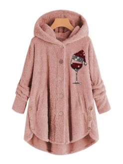 Women‘s Plus Size Christmas Fleece Jacket Teddy Coat Warm Button Pocket Graphic Hat Outdoor Xmas Long Sleeve Hooded Regular Winter Fall Black Pink Wine L XL XXL 3XL 4XL -Xmas Cothing Store anvdfk1667466536543