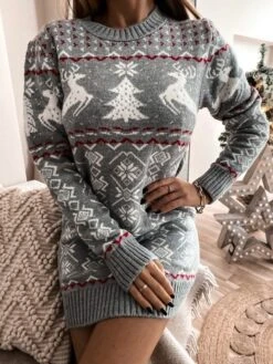 Women‘s Christmas Sweater Dress Wrap Dress Knit Dress Mini Dress Red Dark Blue Grey Long Sleeve Print Modern Style Fall Winter Round Neck Sexy Party Christmas Holiday Slim 2022 S M L XL XXL -Xmas Cothing Store aolxii1629871504651