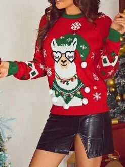 Women's Cardigan Sweater Crew Neck Crochet Knit Polyester Button Print Drop Shoulder Fall Winter Regular Christmas Xmas Casual Soft Long Sleeve Animal Print Snowflake Black Wine S M L -Xmas Cothing Store aooskp1697290674323