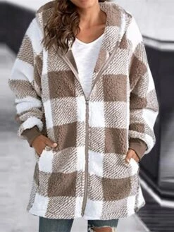 Women's Sherpa Jacket Fleece Long Teddy Coat Windproof Warm Maillard Plaid Christmas Daily Wear Vacation Zipper Pocket Zipper Hoodie Ordinary Modern Plush Regular Fit Outerwear Long Sleeve Winter Fall