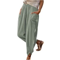 Women‘s Cotton Linen Pants With Side Pockets Christmas Wide-Leg Loose Casual Summer Fall White Light Blue S 2XL
