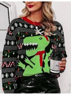 Women's Ugly Sweater Jumper Crew Neck Knit Acrylic Knitted Fall Winter Christmas Daily Holiday Xmas Stylish Casual Long Sleeve Animal Snowflake Black S M L