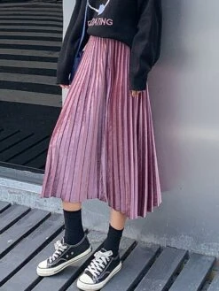Women's Skirt A Line Swing Midi Gold Velvet Wine Red Black Pink Navy Blue Skirts Fall & Winter Pleated High Waist Fashion Elegant Christmas Xmas Street M L XL -Xmas Cothing Store aqvbrv1694689579603