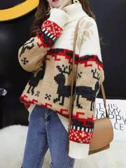 Women's Ugly Christmas Sweater Pullover Sweater Jumper Christmas Sweaters Turtleneck Ribbed Knit Polyester Knitted Print Fall Winter Regular Outdoor Christmas Daily Stylish Casual Soft Long Sleeve -Xmas Cothing Store arzvdn1697292025424
