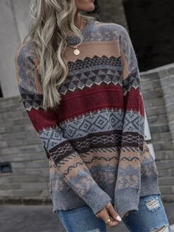 Women's Ugly Christmas Sweater Pullover Sweater Jumper Crew Neck Ribbed Knit Woolen Patchwork Fall Winter Regular Outdoor Christmas Daily Stylish Ethnic Style Casual Long Sleeve Geometric Striped Red -Xmas Cothing Store asftpz1696992139902