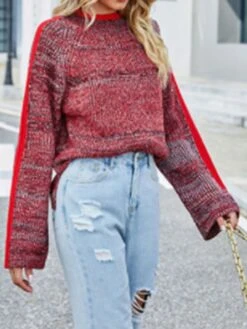 Women's Christmas Sweater Pullover Sweater Jumper Christmas Sweaters Crew Neck Ribbed Knit Acrylic Knitted Flared Sleeves Fall Winter Regular Outdoor Christmas Daily Stylish Casual Soft Long -Xmas Cothing Store assbds1697290899638