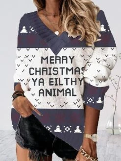 Women's Ugly Christmas Sweater Pullover Sweater Jumper V Neck Ribbed Knit Polyester Patchwork Fall Winter Regular Outdoor Xmas Holiday Stylish Casual Soft Long Sleeve Letter Print Snowflake Red -Xmas Cothing Store aughnt1695110333967