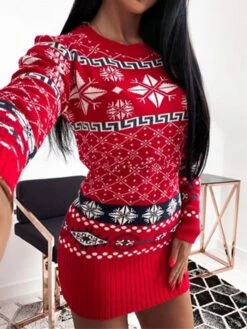 Women's Ugly Christmas Sweater Sweater Dress Crew Neck Ribbed Knit Acrylic Patchwork Fall Winter Long Xmas Daily Going Out Stylish Casual Soft Long Sleeve Geometric Snowflake Argyle Red Blue -Xmas Cothing Store avdnea1695209496351