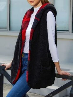 Women's Teddy Vest Winter Christmas Plaid Sleeveless Teddy Coat With Hood Fall Open Front Sherpa Jacket With Pockets Thermal Warm Windproof Casual Daily Street Xmas Jacket Red -Xmas Cothing Store avlhjw1694506004189