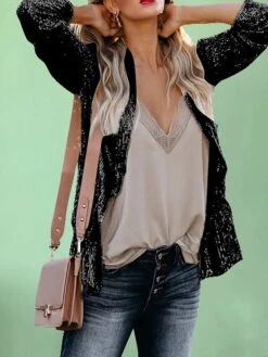 Women's Sequins Blazer Fall Christmas Party Jacket With Pocket Open Front Fashion Outerwear Long Sleeve Fall Silver S -Xmas Cothing Store avsjfu1695209616593