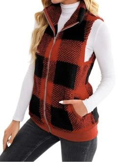 Women's Teddy Vest Fleece Plaid Sleeveless Sherpa Coat Fall Winter Thermal Warm Christmas Outerwear With Pockets Stylish Contemporary Modern Style Jacket Sleeveless -Xmas Cothing Store awcorq1692264939221