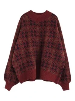 Women's Ugly Christmas Sweater Pullover Sweater Jumper Crew Neck Ribbed Knit Knit Oversized Fall Winter Regular Outdoor Christmas Daily Stylish Vintage Style Casual Long Sleeve Houndstooth Wine Green -Xmas Cothing Store awkqtj1697103890520