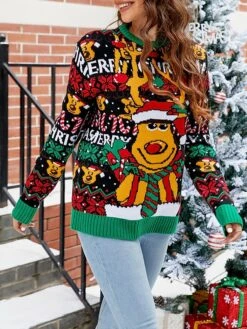 Women's Ugly Christmas Sweater Pullover Sweater Jumper Crew Neck Chunky Knit Acrylic Patchwork Drop Shoulder Spring Fall Winter Regular Party Xmas Stylish Long Sleeve Animal Black S M L -Xmas Cothing Store awsqae1695029616326
