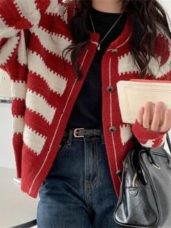 Women's Ugly Christmas Sweater Cardigan Sweater Jacket Crew Neck Ribbed Knit Wool Button Knitted Fall Winter Regular Outdoor Christmas Daily Stylish Casual Soft Long Sleeve Color Block Striped Black -Xmas Cothing Store awtwym1697290874628