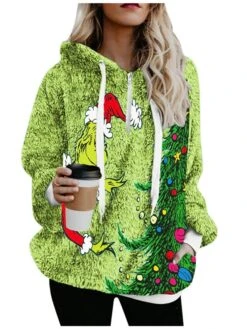 Women's Fleece Jacket Sherpa Jacket Teddy Coat Warm Breathable Christmas Street Daily Wear Vacation Zipper Pocket Print Pullover Hoodie Plush Casual Daily Comfortable Xmas Cartoon Regular Fit -Xmas Cothing Store axyukb1667992338989