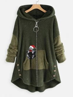 Women‘s Plus Size Christmas Fleece Jacket Teddy Coat Warm Button Pocket Animal Cat Causal Long Sleeve Hooded Regular Winter Fall Xmas Green Pink Dark Gray L XL XXL 3XL 4XL -Xmas Cothing Store ayrswr1667564274802
