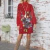Women's Sweater Dress Turtleneck Ribbed Knit Print Fall Winter Long Christmas Xmas Stylish Soft Long Sleeve Animal Wine Red S M L -Xmas Cothing Store ayzedu1697105192410