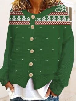Women's Ugly Christmas Sweater Cardigan Sweater Crew Neck Ribbed Knit Polyester Patchwork Button Fall Winter Regular Outdoor Xmas Holiday Stylish Casual Soft Long Sleeve Geometric Print Green