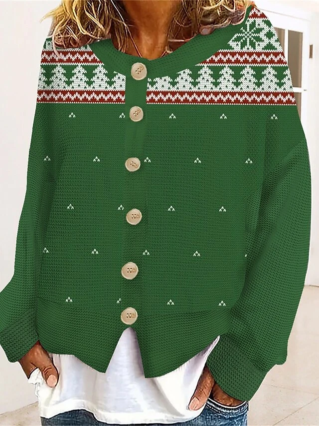 Women's Ugly Christmas Sweater Cardigan Sweater Crew Neck Ribbed Knit Polyester Patchwork Button Fall Winter Regular Outdoor Xmas Holiday Stylish Casual Soft Long Sleeve Geometric Print Green 3 Women's Ugly Christmas Sweater Cardigan Sweater Crew Neck Ribbed Knit Polyester Patchwork Button Fall Winter Regular Outdoor Xmas Holiday Stylish Casual Soft Long Sleeve Geometric Print Green