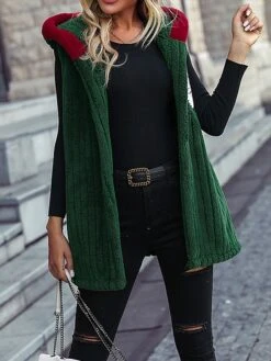 Women's Teddy Vest Christmas Party Xmas Fleece Sherpa Jacket Gilet Santa Winter Windproof Warm Sleeveless Jacket With Pockets Dark Green -Xmas Cothing Store bafass1695204301907