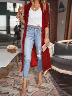 Women's Velvet Blazer Long Trench Coat Christmas Party Xmas Outfit Open Front Windproof Warm Winter Coat Fall Stylish Modern Casual Jacket Long Sleeve Plain Oversize Black Yellow Red -Xmas Cothing Store bbacic1695715053195