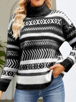 Women's Ugly Christmas Sweater Pullover Sweater Jumper Christmas Sweaters Turtleneck Ribbed Knit Polyester Knitted Fall Winter Regular Outdoor Christmas Daily Stylish Casual Soft Long Sleeve -Xmas Cothing Store bblymx1697290908114